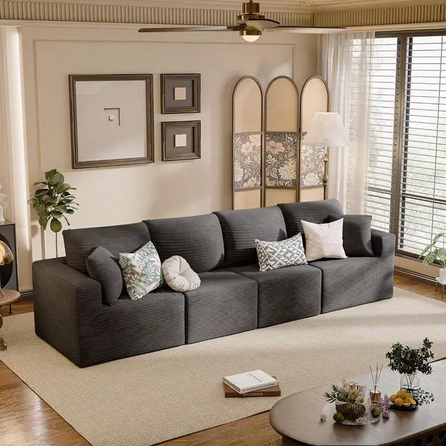 Alt view image 2 of 7 - Boneless Couch with Deep Seat and Ottoman, Modular Sectional Sofa with Body Support, Corduroy Couches for Living Room, Apartments, Bedroom, No Assembly Required (Black, Four Seater)