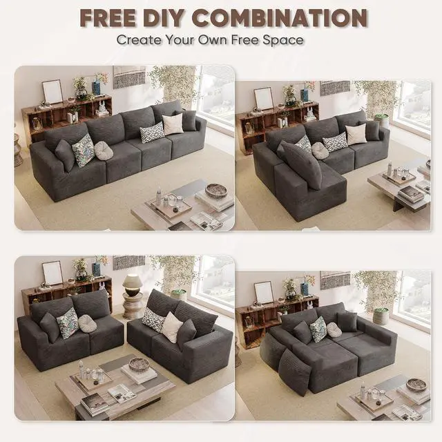 Alt view image 4 of 7 - Boneless Couch with Deep Seat and Ottoman, Modular Sectional Sofa with Body Support, Corduroy Couches for Living Room, Apartments, Bedroom, No Assembly Required (Black, Four Seater)
