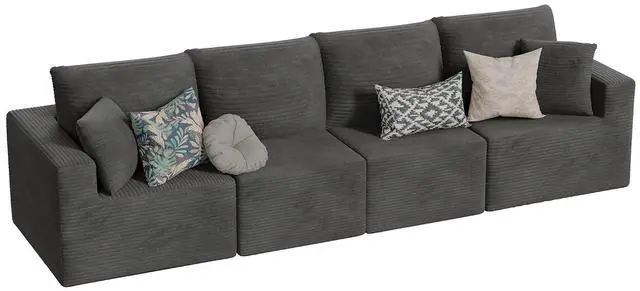 Main image of Boneless Couch with Deep Seat and Ottoman, Modular Sectional Sofa with Body Support, Corduroy Couches for Living Room, Apartments, Bedroom, No Assembly Required (Black, Four Seater)