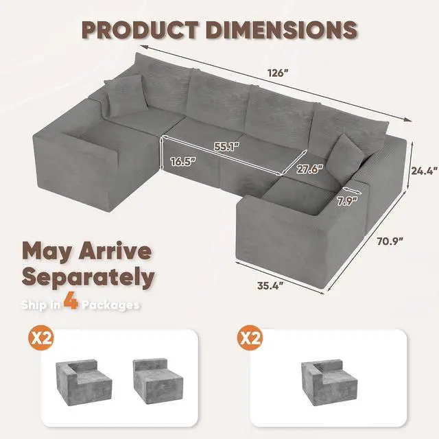 Alt view image 3 of 7 - Boneless Couch with Deep Seat and Ottoman, Modular Sectional Sofa with Body Support, Corduroy Couches for Living Room, Apartments, Bedroom, No Assembly Required (Gray, Oversized)