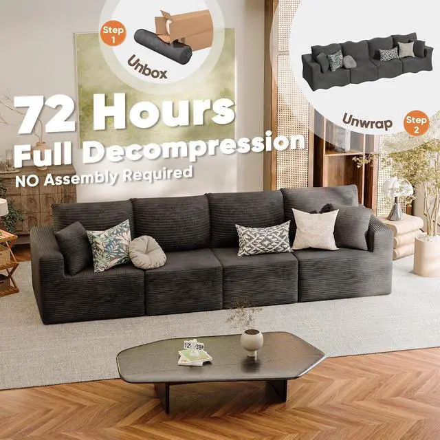 Alt view image 6 of 7 - Boneless Couch with Deep Seat and Ottoman, Modular Sectional Sofa with Body Support, Corduroy Couches for Living Room, Apartments, Bedroom, No Assembly Required (Black, Four Seater)