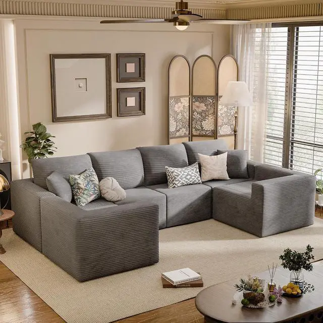 Alt view image 2 of 7 - Boneless Couch with Deep Seat and Ottoman, Modular Sectional Sofa with Body Support, Corduroy Couches for Living Room, Apartments, Bedroom, No Assembly Required (Gray, Oversized)