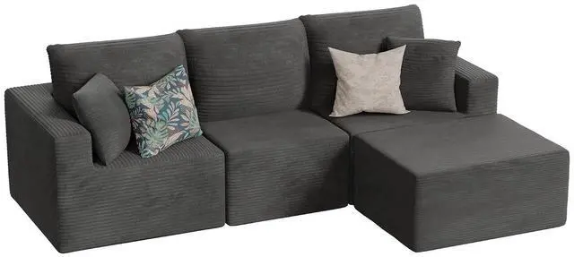 Main image of Boneless Couch with Deep Seat and Ottoman, Modular Sectional Sofa with Body Support, Corduroy Couches for Living Room, Apartments, Bedroom, No Assembly Required (Black, L-Shaped)