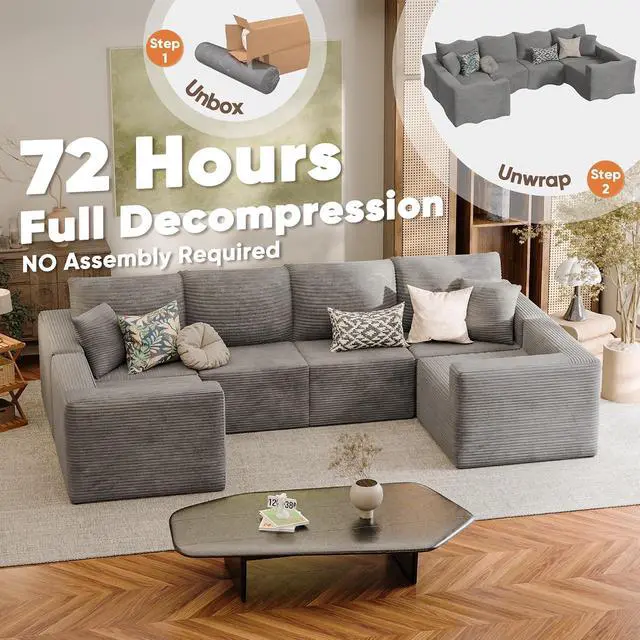 Alt view image 6 of 7 - Boneless Couch with Deep Seat and Ottoman, Modular Sectional Sofa with Body Support, Corduroy Couches for Living Room, Apartments, Bedroom, No Assembly Required (Gray, Oversized)