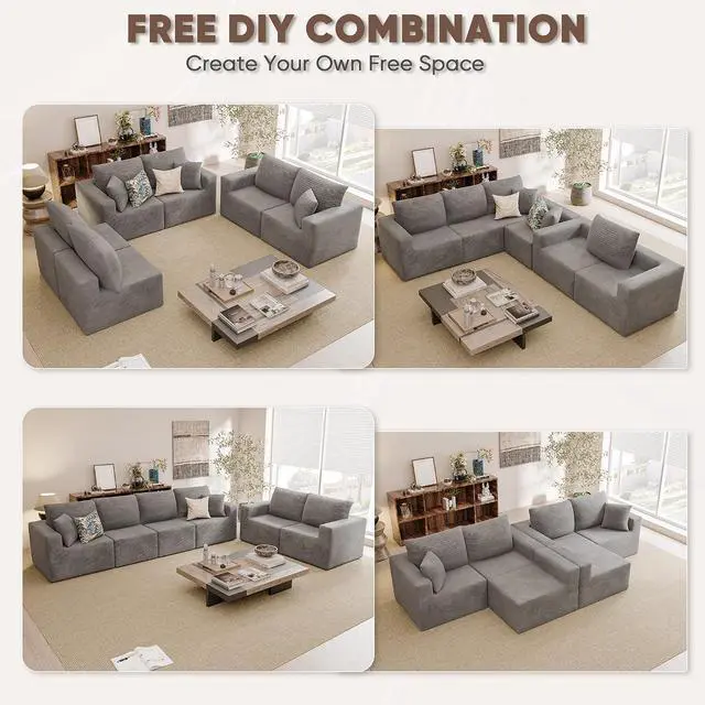 Alt view image 4 of 7 - Boneless Couch with Deep Seat and Ottoman, Modular Sectional Sofa with Body Support, Corduroy Couches for Living Room, Apartments, Bedroom, No Assembly Required (Gray, Oversized)
