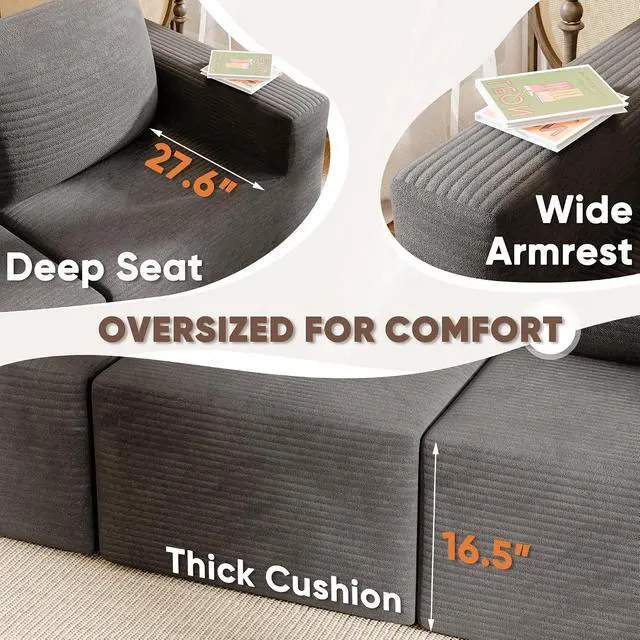 Alt view image 7 of 7 - Boneless Couch with Deep Seat and Ottoman, Modular Sectional Sofa with Body Support, Corduroy Couches for Living Room, Apartments, Bedroom, No Assembly Required (Black, L-Shaped)