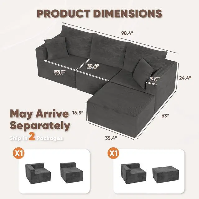 Alt view image 3 of 7 - Boneless Couch with Deep Seat and Ottoman, Modular Sectional Sofa with Body Support, Corduroy Couches for Living Room, Apartments, Bedroom, No Assembly Required (Black, L-Shaped)