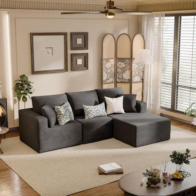 Alt view image 2 of 7 - Boneless Couch with Deep Seat and Ottoman, Modular Sectional Sofa with Body Support, Corduroy Couches for Living Room, Apartments, Bedroom, No Assembly Required (Black, L-Shaped)