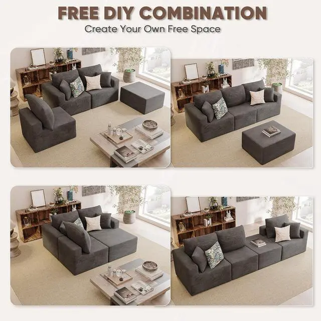 Alt view image 4 of 7 - Boneless Couch with Deep Seat and Ottoman, Modular Sectional Sofa with Body Support, Corduroy Couches for Living Room, Apartments, Bedroom, No Assembly Required (Black, L-Shaped)