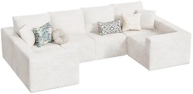 Main image of Boneless Couch with Deep Seat and Ottoman, Modular Sectional Sofa with Body Support, Corduroy Couches for Living Room, Apartments, Bedroom, No Assembly Required (Beige, Oversized)