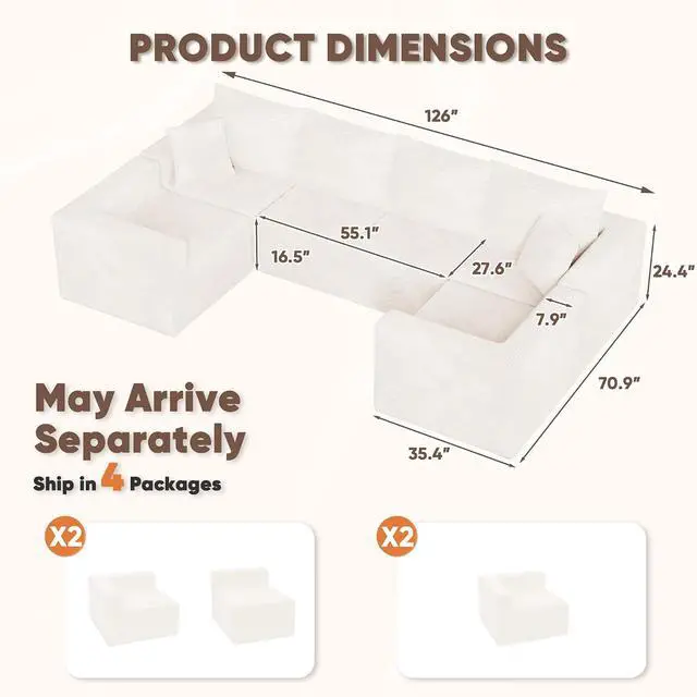 Alt view image 3 of 7 - Boneless Couch with Deep Seat and Ottoman, Modular Sectional Sofa with Body Support, Corduroy Couches for Living Room, Apartments, Bedroom, No Assembly Required (Beige, Oversized)
