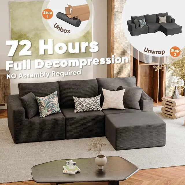 Alt view image 6 of 7 - Boneless Couch with Deep Seat and Ottoman, Modular Sectional Sofa with Body Support, Corduroy Couches for Living Room, Apartments, Bedroom, No Assembly Required (Black, L-Shaped)