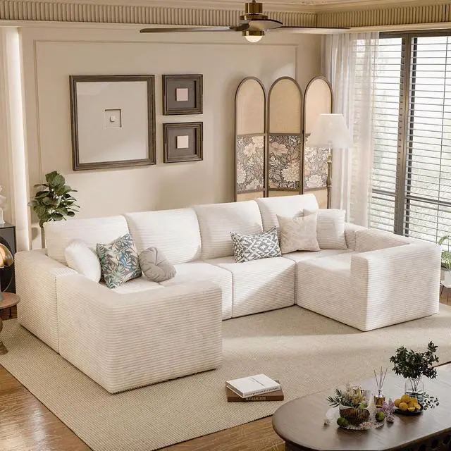 Alt view image 2 of 7 - Boneless Couch with Deep Seat and Ottoman, Modular Sectional Sofa with Body Support, Corduroy Couches for Living Room, Apartments, Bedroom, No Assembly Required (Beige, Oversized)