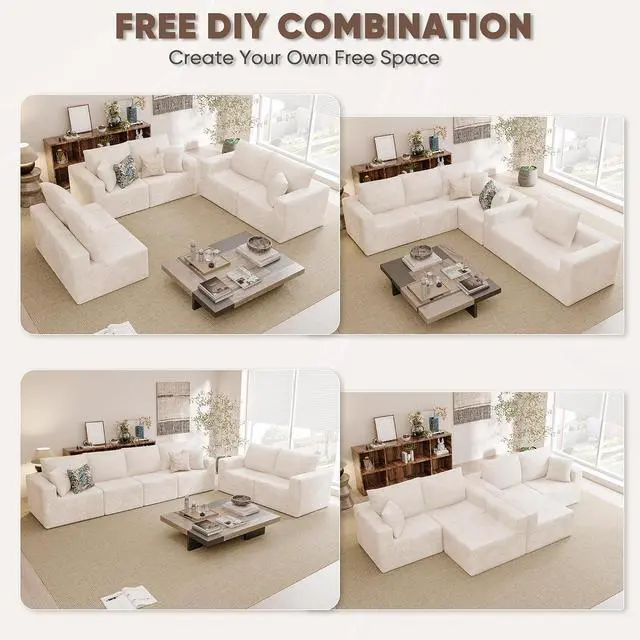 Alt view image 4 of 7 - Boneless Couch with Deep Seat and Ottoman, Modular Sectional Sofa with Body Support, Corduroy Couches for Living Room, Apartments, Bedroom, No Assembly Required (Beige, Oversized)