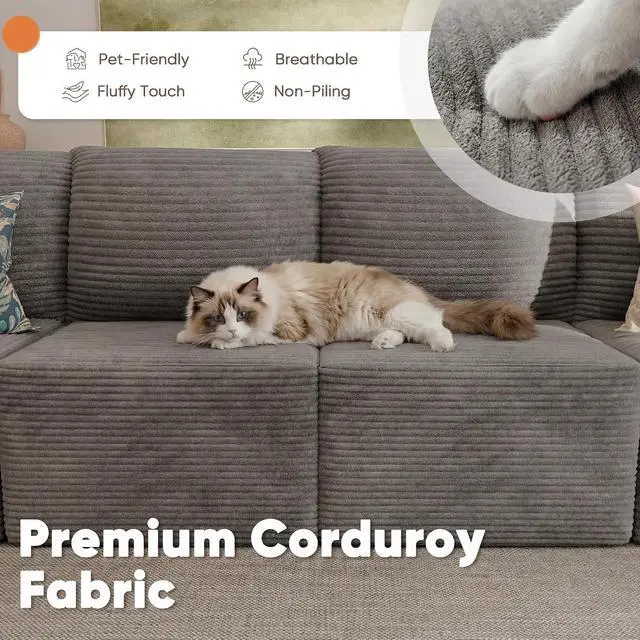 Alt view image 5 of 7 - Boneless Couch with Deep Seat and Ottoman, Modular Sectional Sofa with Body Support, Corduroy Couches for Living Room, Apartments, Bedroom, No Assembly Required (Gray, Oversized)