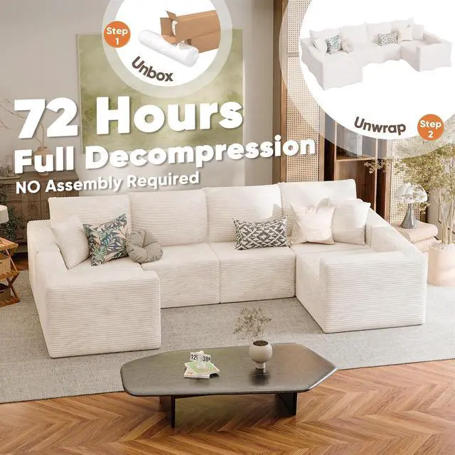 Alt view image 6 of 7 - Boneless Couch with Deep Seat and Ottoman, Modular Sectional Sofa with Body Support, Corduroy Couches for Living Room, Apartments, Bedroom, No Assembly Required (Beige, Oversized)