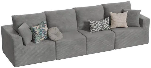 Main image of Boneless Couch with Deep Seat and Ottoman, Modular Sectional Sofa with Body Support, Corduroy Couches for Living Room, Apartments, Bedroom, No Assembly Required (Gray, Four Seater)