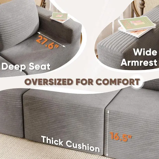 Alt view image 7 of 7 - Boneless Couch with Deep Seat and Ottoman, Modular Sectional Sofa with Body Support, Corduroy Couches for Living Room, Apartments, Bedroom, No Assembly Required (Gray, Oversized)