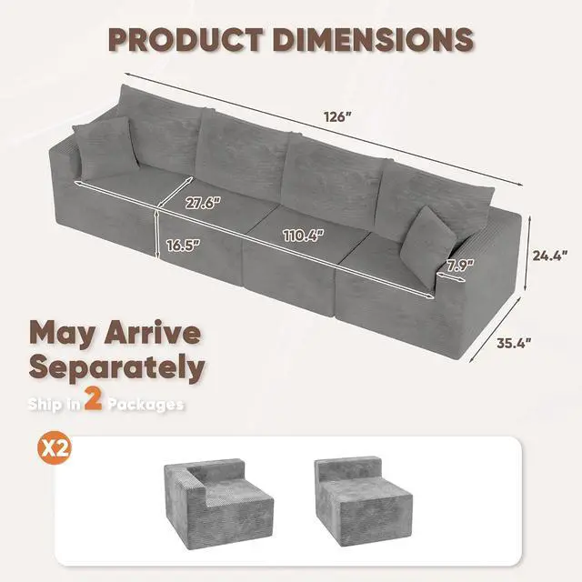 Alt view image 3 of 7 - Boneless Couch with Deep Seat and Ottoman, Modular Sectional Sofa with Body Support, Corduroy Couches for Living Room, Apartments, Bedroom, No Assembly Required (Gray, Four Seater)
