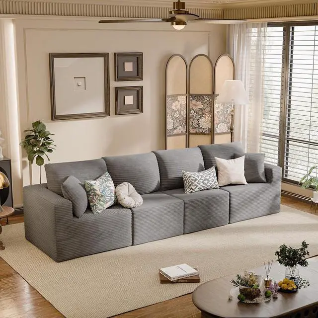 Alt view image 2 of 7 - Boneless Couch with Deep Seat and Ottoman, Modular Sectional Sofa with Body Support, Corduroy Couches for Living Room, Apartments, Bedroom, No Assembly Required (Gray, Four Seater)