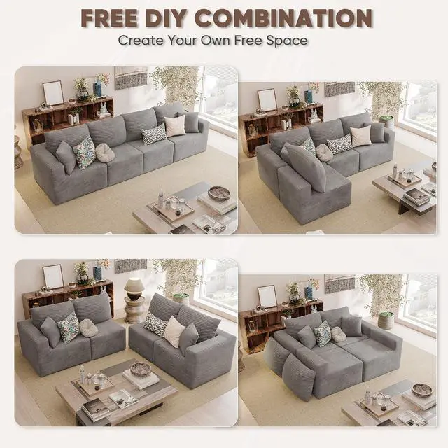Alt view image 4 of 7 - Boneless Couch with Deep Seat and Ottoman, Modular Sectional Sofa with Body Support, Corduroy Couches for Living Room, Apartments, Bedroom, No Assembly Required (Gray, Four Seater)