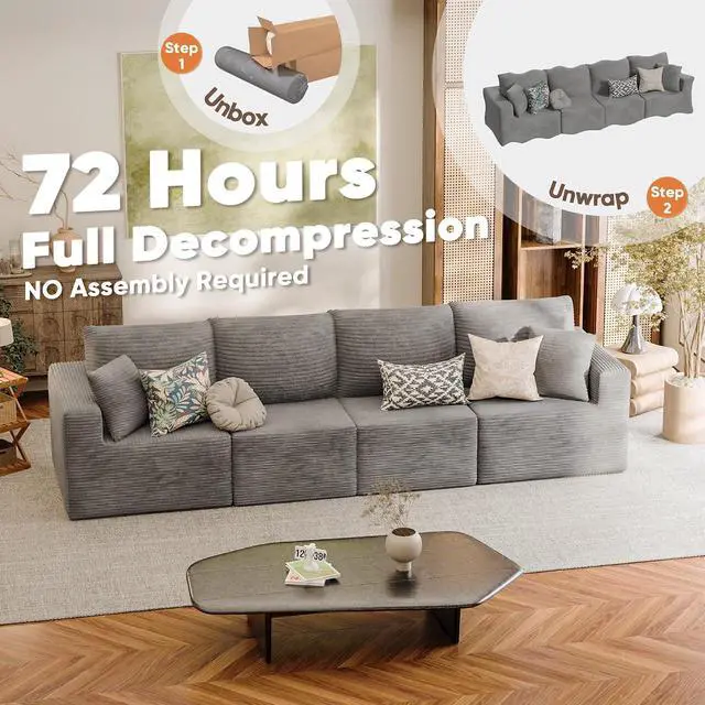 Alt view image 6 of 7 - Boneless Couch with Deep Seat and Ottoman, Modular Sectional Sofa with Body Support, Corduroy Couches for Living Room, Apartments, Bedroom, No Assembly Required (Gray, Four Seater)