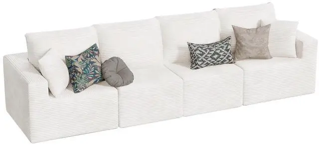 Main image of Boneless Couch with Deep Seat and Ottoman, Modular Sectional Sofa with Body Support, Corduroy Couches for Living Room, Apartments, Bedroom, No Assembly Required (Beige, Four Seater)