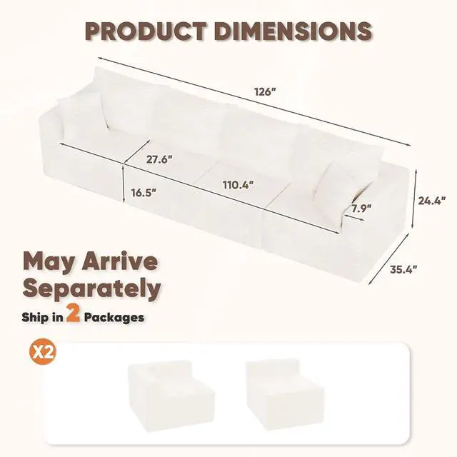 Alt view image 3 of 7 - Boneless Couch with Deep Seat and Ottoman, Modular Sectional Sofa with Body Support, Corduroy Couches for Living Room, Apartments, Bedroom, No Assembly Required (Beige, Four Seater)