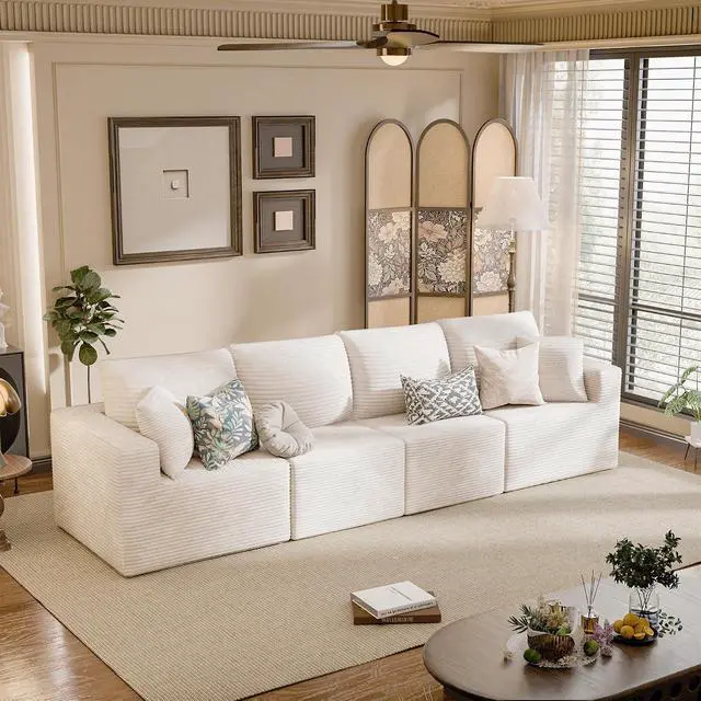 Alt view image 2 of 7 - Boneless Couch with Deep Seat and Ottoman, Modular Sectional Sofa with Body Support, Corduroy Couches for Living Room, Apartments, Bedroom, No Assembly Required (Beige, Four Seater)