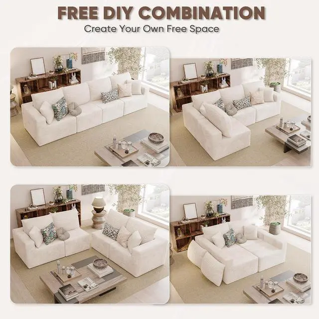 Alt view image 4 of 7 - Boneless Couch with Deep Seat and Ottoman, Modular Sectional Sofa with Body Support, Corduroy Couches for Living Room, Apartments, Bedroom, No Assembly Required (Beige, Four Seater)