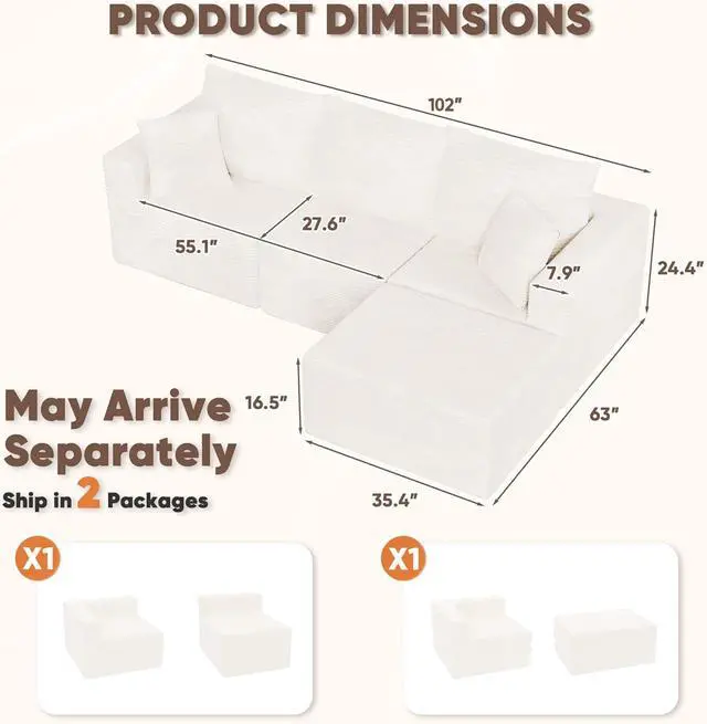 Alt view image 3 of 7 - Boneless Couch with Deep Seat and Ottoman, Modular Sectional Sofa with Body Support, Corduroy Couches for Living Room, Apartments, Bedroom, No Assembly Required (Beige, L-Shaped)
