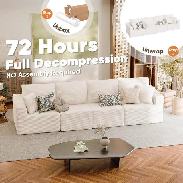 Alt view image 6 of 7 - Boneless Couch with Deep Seat and Ottoman, Modular Sectional Sofa with Body Support, Corduroy Couches for Living Room, Apartments, Bedroom, No Assembly Required (Beige, Four Seater)