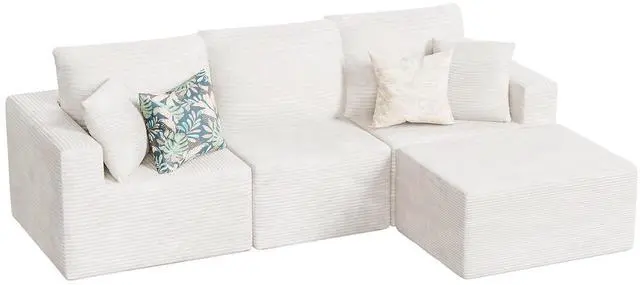 Main image of Boneless Couch with Deep Seat and Ottoman, Modular Sectional Sofa with Body Support, Corduroy Couches for Living Room, Apartments, Bedroom, No Assembly Required (Beige, L-Shaped)
