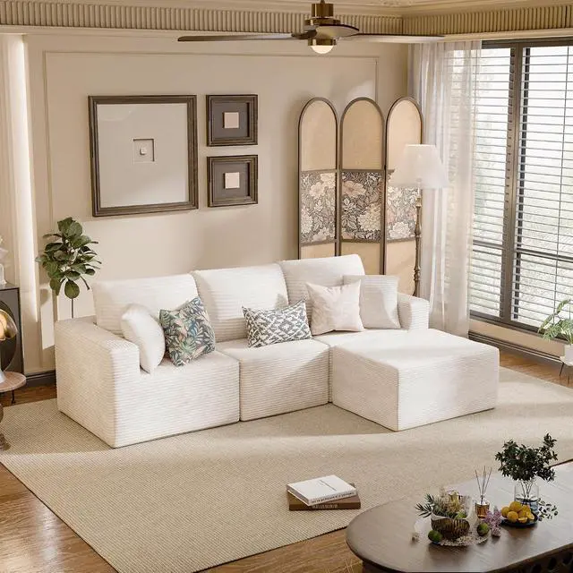 Alt view image 2 of 7 - Boneless Couch with Deep Seat and Ottoman, Modular Sectional Sofa with Body Support, Corduroy Couches for Living Room, Apartments, Bedroom, No Assembly Required (Beige, L-Shaped)