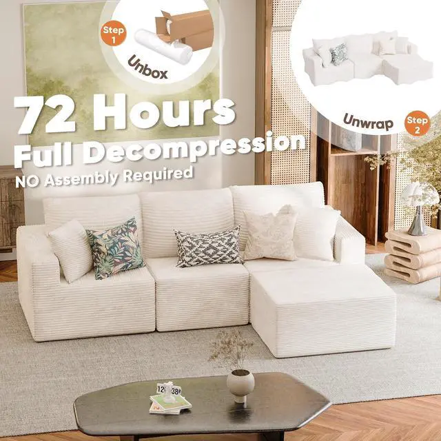 Alt view image 6 of 7 - Boneless Couch with Deep Seat and Ottoman, Modular Sectional Sofa with Body Support, Corduroy Couches for Living Room, Apartments, Bedroom, No Assembly Required (Beige, L-Shaped)