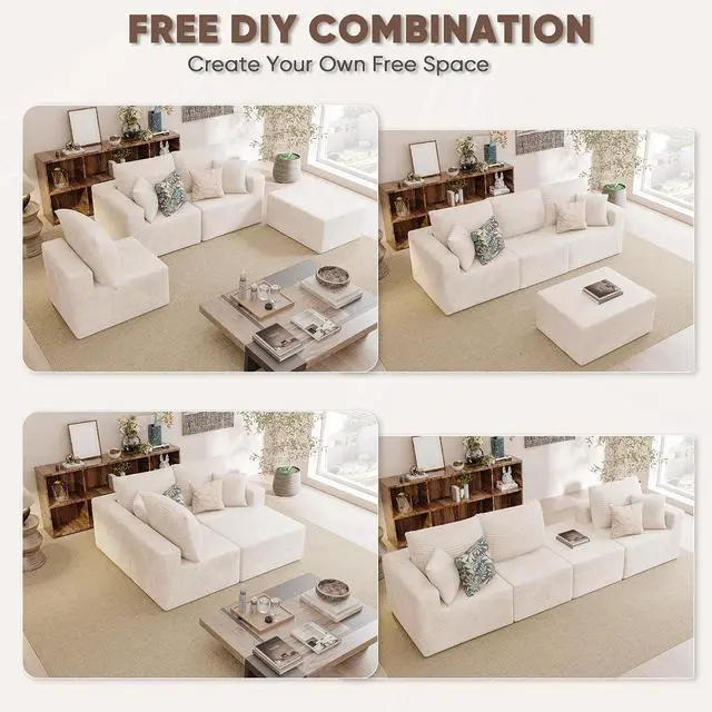 Alt view image 4 of 7 - Boneless Couch with Deep Seat and Ottoman, Modular Sectional Sofa with Body Support, Corduroy Couches for Living Room, Apartments, Bedroom, No Assembly Required (Beige, L-Shaped)