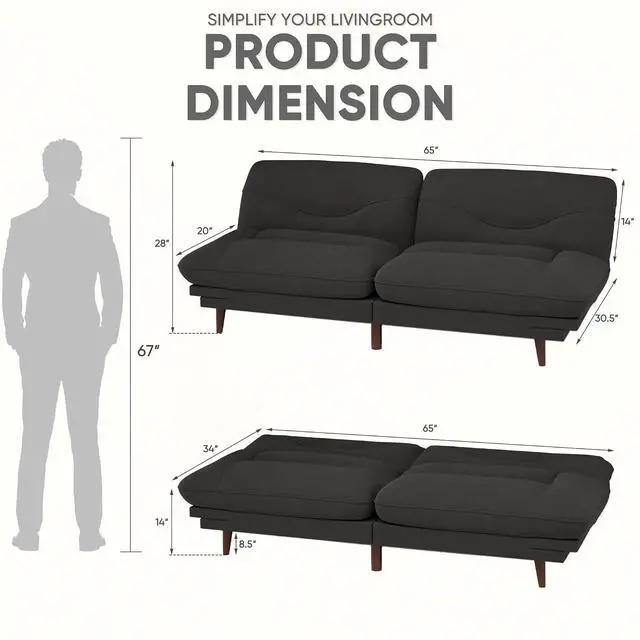 Alt view image 2 of 7 - Convertible Futon Sofa Bed, Sleeper Futon Couch with Adjustable Backrest and Armrests, Modern Loveseat with Sturdy Wood Frame for Small Spaces, Apartments (Fabric, Black)