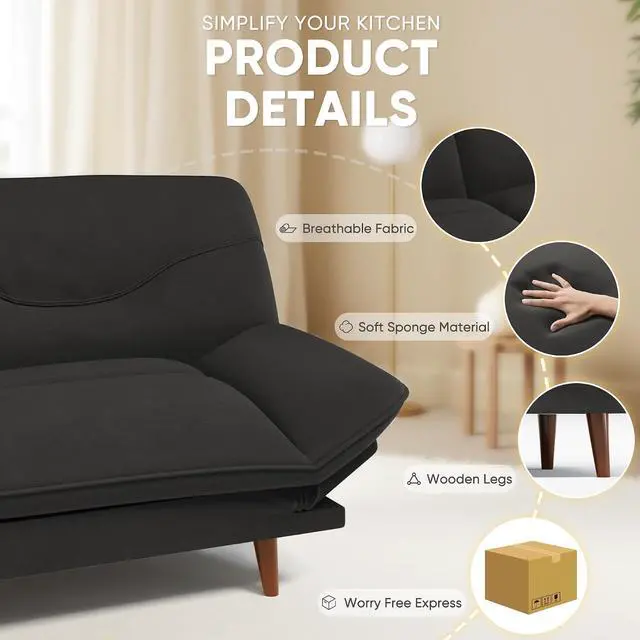 Alt view image 4 of 7 - Convertible Futon Sofa Bed, Sleeper Futon Couch with Adjustable Backrest and Armrests, Modern Loveseat with Sturdy Wood Frame for Small Spaces, Apartments (Fabric, Black)