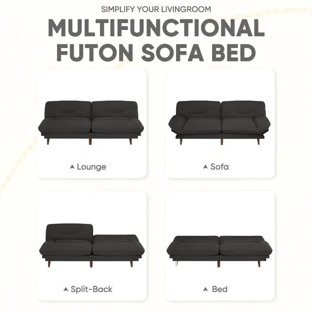 Alt view image 7 of 7 - Convertible Futon Sofa Bed, Sleeper Futon Couch with Adjustable Backrest and Armrests, Modern Loveseat with Sturdy Wood Frame for Small Spaces, Apartments (Fabric, Black)