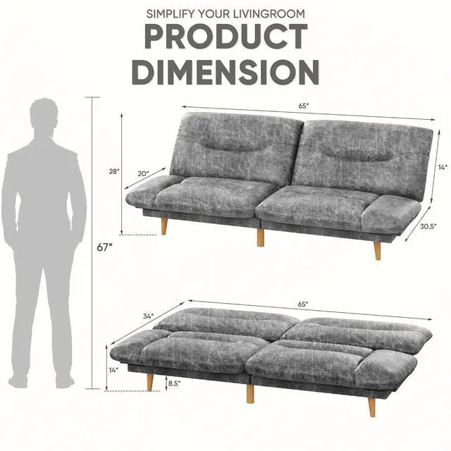 Alt view image 2 of 7 - Convertible Futon Sofa Bed, Sleeper Futon Couch with Adjustable Backrest and Armrests, Modern Loveseat with Sturdy Wood Frame for Small Spaces, Apartments (Leathaire, Gray)