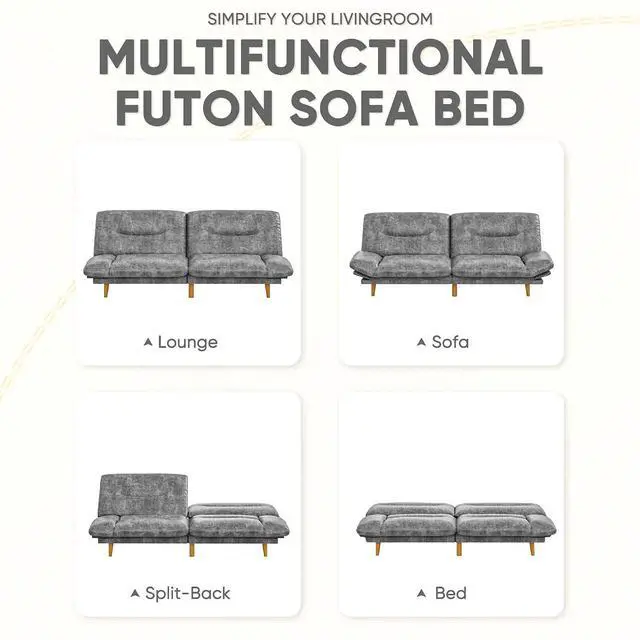 Alt view image 3 of 7 - Convertible Futon Sofa Bed, Sleeper Futon Couch with Adjustable Backrest and Armrests, Modern Loveseat with Sturdy Wood Frame for Small Spaces, Apartments (Leathaire, Gray)