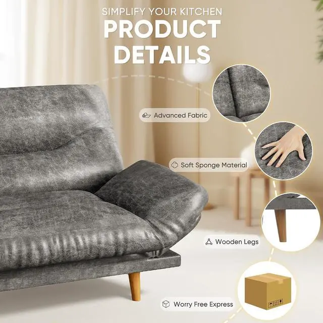 Alt view image 4 of 7 - Convertible Futon Sofa Bed, Sleeper Futon Couch with Adjustable Backrest and Armrests, Modern Loveseat with Sturdy Wood Frame for Small Spaces, Apartments (Leathaire, Gray)