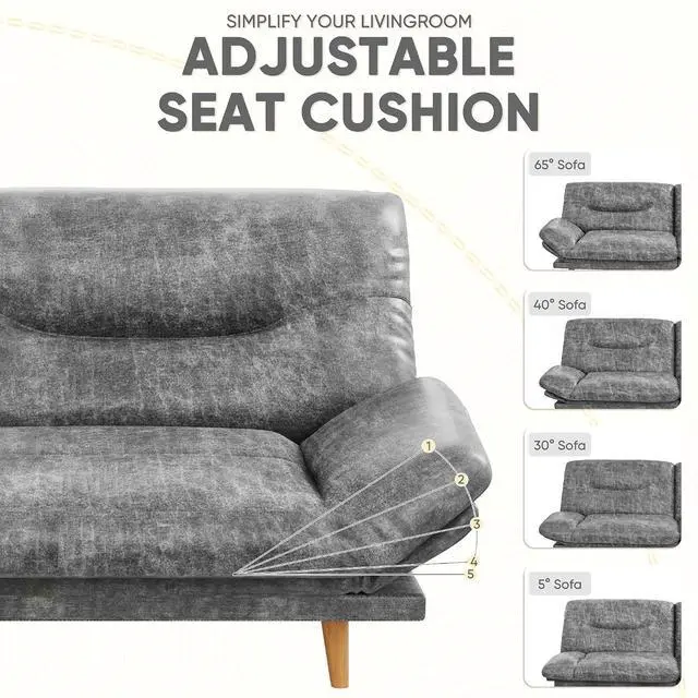 Alt view image 7 of 7 - Convertible Futon Sofa Bed, Sleeper Futon Couch with Adjustable Backrest and Armrests, Modern Loveseat with Sturdy Wood Frame for Small Spaces, Apartments (Leathaire, Gray)