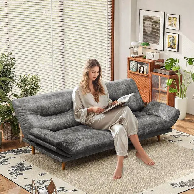 Alt view image 5 of 7 - Convertible Futon Sofa Bed, Sleeper Futon Couch with Adjustable Backrest and Armrests, Modern Loveseat with Sturdy Wood Frame for Small Spaces, Apartments (Leathaire, Gray)