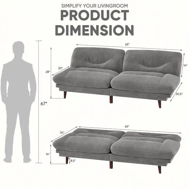 Alt view image 2 of 7 - Convertible Futon Sofa Bed, Sleeper Futon Couch with Adjustable Backrest and Armrests, Modern Loveseat with Sturdy Wood Frame for Small Spaces, Apartments (Corduroy, Dove Gray)