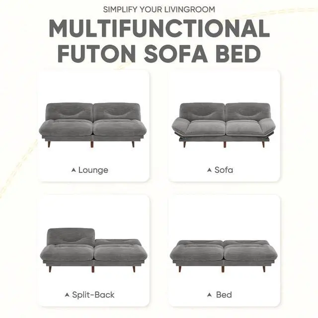 Alt view image 4 of 7 - Convertible Futon Sofa Bed, Sleeper Futon Couch with Adjustable Backrest and Armrests, Modern Loveseat with Sturdy Wood Frame for Small Spaces, Apartments (Corduroy, Dove Gray)