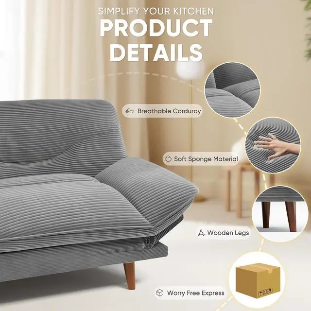 Alt view image 7 of 7 - Convertible Futon Sofa Bed, Sleeper Futon Couch with Adjustable Backrest and Armrests, Modern Loveseat with Sturdy Wood Frame for Small Spaces, Apartments (Corduroy, Dove Gray)