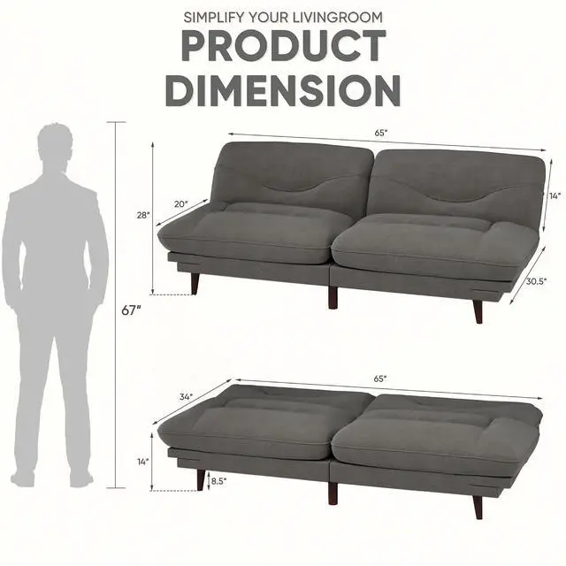 Alt view image 2 of 7 - Convertible Futon Sofa Bed, Sleeper Futon Couch with Adjustable Backrest and Armrests, Modern Loveseat with Sturdy Wood Frame for Small Spaces, Apartments (Fabric, Dark Gray)