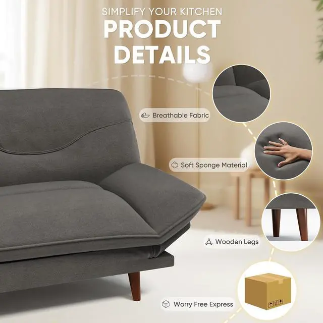 Alt view image 4 of 7 - Convertible Futon Sofa Bed, Sleeper Futon Couch with Adjustable Backrest and Armrests, Modern Loveseat with Sturdy Wood Frame for Small Spaces, Apartments (Fabric, Dark Gray)