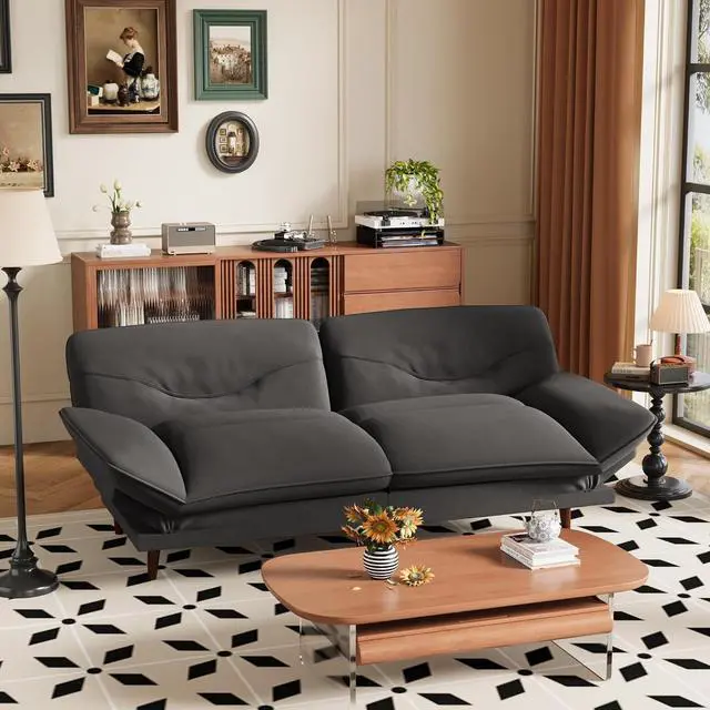 Main image of Convertible Futon Sofa Bed, Sleeper Futon Couch with Adjustable Backrest and Armrests, Modern Loveseat with Sturdy Wood Frame for Small Spaces, Apartments (Fabric, Dark Gray)